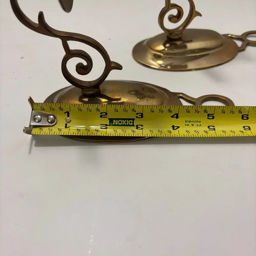 Vintage Brass Oval Backplate Candle Sconces w/ Elegant Scroll Arms Set of 2